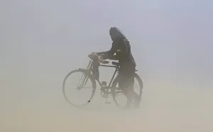 India Prints: A man covers his face as he pushes a bicycle through a dust storm on the banks of