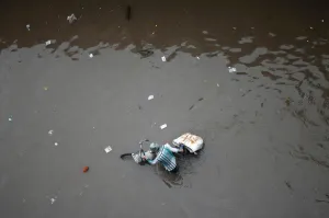 India Prints: A man pushes his bicycle through a water-logged street after heavy rains in Ahmedabad