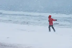 Weather Prints: A man walks along the beach during a winter snowstorm in the Boston suburb of Revere