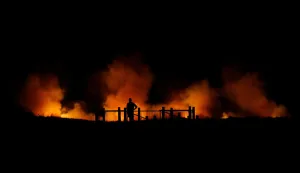 Prints of A man watches a bushfire burning on the Kurnell Peninsula, during an unseasonably warm start to Spring, on Sydneys southern coast, Australia September 3, 2017. REUTERS/Jason Reed TPX IMAGES OF THE DAY Australia Prints: A man watches a bushfire burning on the Kurnell Peninsula on Sydneys southern coast