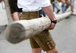 Images Dated 2018 May: Men in traditional Bavarian clothes erect a maypole in Germerswang