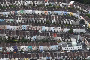 A mosque is seen amongst residential housing from the air during a mass take off at A mosque is seen amongst residential housing from the air during a mass take off at