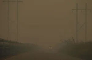 Motorists drive through the haze at Bangko Pusako district in Rokan Hilir Motorists drive through the haze at Bangko Pusako district in Rokan Hilir