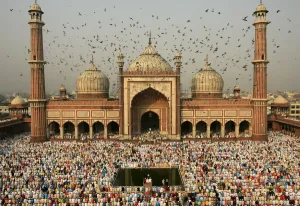 Celebration Prints: Muslims attend the Eid-al-Fitr prayers at the Jama Masjid in Delhi