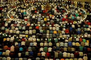 Religion Prints: Muslims take part in evening prayers called Tarawih on Laylat al-Qadr or Night of