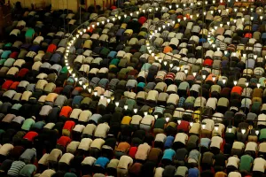 Religion Prints: Muslims take part in evening prayers called Tarawih on Laylat al-Qadr or Night of