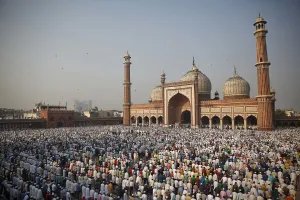 Images Dated 2014 October: Muslims offer Eid al-Adha prayers at the Jama Masjid in Delhi