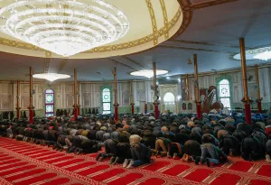 : Muslims pray at the Brussels Great Mosque in Brussels
