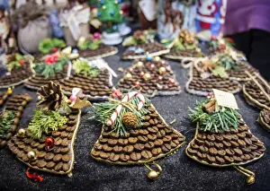 New Year and Christmas decorations made of coffee beans are seen at the Christmas