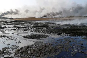 Mideast Prints: Oilfields burned by Islamic State fighters are seen in Qayyara, south of Mosul, Iraq