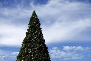 An outdoor artificial Christmas tree is displayed at a shopping center in San Diego
