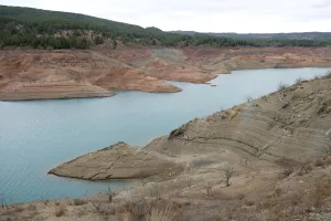 Images Dated 5th January 2018: The partially empty Contreras water reservoir is pictured during a severe drought near