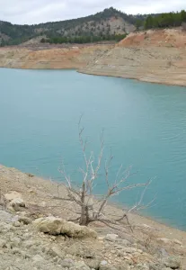 Images Dated 5th January 2018: The partially empty Contreras water reservoir is pictured during a severe drought near