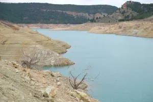 Images Dated 5th January 2018: The partially empty Contreras water reservoir is pictured during a severe drought near