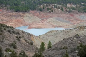 Images Dated 5th January 2018: The partially empty Contreras water reservoir is pictured during a severe drought near