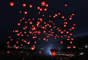 People release sky lanterns ahead of the traditional Chinese Lantern Festival in Pingxi