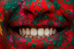Holi Prints: A person smiles after being covered in colored powder during a Holi festival party