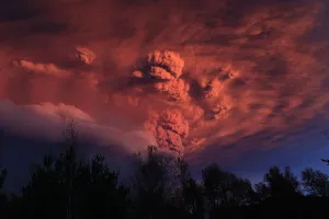 Latin America Prints: Plume of ash, estimated six miles (10km) high and three mile wide is seen after a