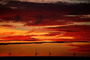 France Prints: A power-generating windmill turbine is pictured during sunrise at a wind park in