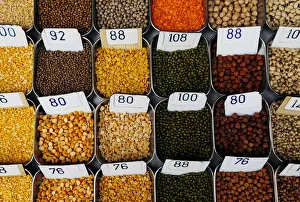 Budget Prints: Price tags are seen on the samples of pulses that are kept on display for sale at a