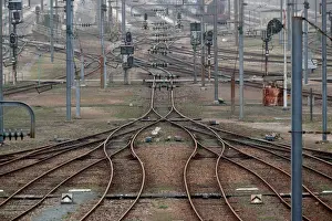 : Empty railway tracks are seen at a marshalling yard in Sotteville-Les-Rouen