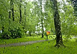 Austria Prints: Raindrops are pictured on a car windscreen as person walks in a park on a rainy day