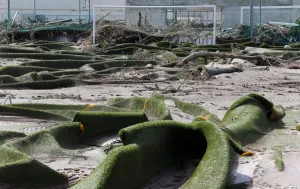 Spain Prints: A ravaged local soccer field is seen after heavy rain and flash floods hit Sant Llorenc