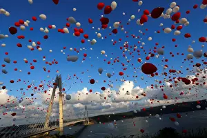 Red and white balloons are released during the opening ceremony of newly built Yavuz