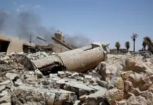 Iraq Prints: The remains of al-Hadba minaret at the Grand al-Nuri Mosque are pictured in the Old City