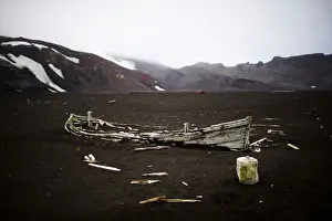 Climatechange Prints: Remnants of a boat belonging to an old whaling factory remain on Deception Island