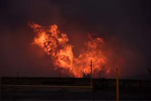 Images Dated 18th April 2018: The Rhea fire burns through a grove of red cedar trees near Seiling