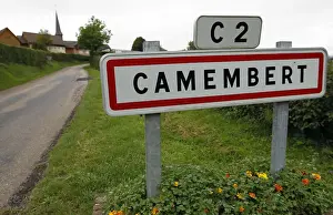 The road sign marking the entrance of Camembert village in northwestern France