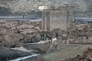 Spain Prints: The ruins of the old town of Mansilla de la Sierra, normally submerged beneath the waters