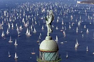 Sailing boats gather at the start of the Barcolana regatta in front of Trieste harbour
