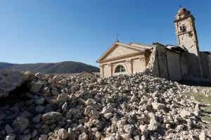 Italy Prints: Saint Anthony church is seen partially collapsed following an earthquake along the road