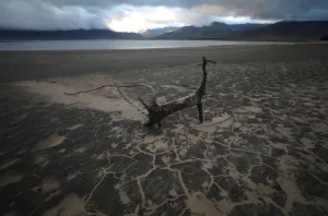 Safrica Prints: Sand blows across a normally submerged area at Theewaterskloof dam near Cape Town