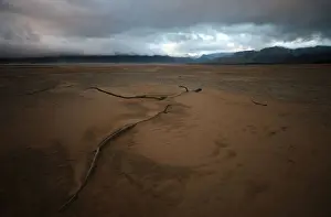 Safrica Prints: Sand blows across a normally submerged area at Theewaterskloof dam near Cape Town