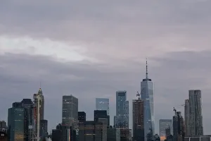 The skyline of lower Manhattan is seen before sunrise in New York