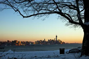 Weather Prints: The skyline of New Yorks Lower Manhattan and One World Trade Center is seen from