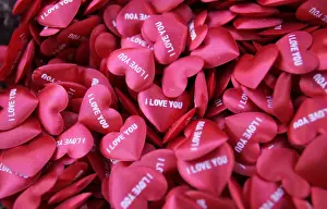 Small heart-shaped ornaments are displayed for Valentines Day in a shop in Beirut
