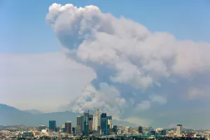 Prints of Smoke from two fires burning in the Angeles National Forest rises with the downtown skyline in the foreground in Los Angeles, California, U.S. June 20, 2016 USA Prints: Smoke from two fires burning in the Angeles National Forest rises with the downtown