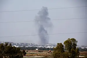 Prints of Smoke rises following an explosion in the northern Gaza Strip, as seen from the Israeli side of the border between Israel and Gaza, May 14, 2018. REUTERS/Amir Cohen Israel Prints: Smoke rises following an explosion in the northern Gaza Strip