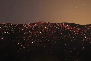 Prints of A smouldering mountainside is seen under the stars at the Silver Fire near Banning, California August 7, 2013. The fire broke out shortly after 2 p.m USA Prints: A smouldering mountainside is seen under the stars at the Silver Fire near Banning