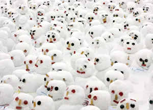 Snowmen are lined up Sapporo Snow Festival in Sapporo, northern Japan
