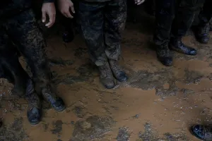 Thailand Prints: Soldiers line up near Tham Luang caves during a search for 12 members of an under-16
