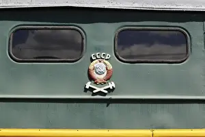 A Soviet Union symbol is seen on a train carriage at the Museum of Railway technology