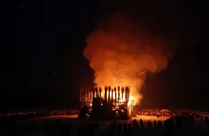 Images Dated 17th February 2018: Spectators look at the burning installation during a performance devoted to Maslenitsa in