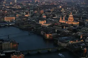 St Pauls cathedral is lit by the early morning sun in an aerial view taken from