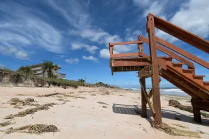 A stairway, where the connecting portion to the street was washed away by storm surge A stairway, where the connecting portion to the street was washed away by storm surge