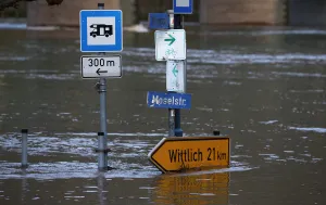 Weather Prints: The street sign for the Moselle street is flooded by the river Moselle in Reil